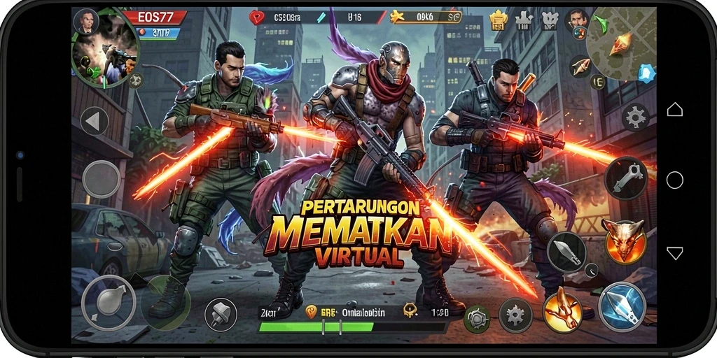 Gameplay menegangkan EOS77 dengan karakter bertarung yang beragam.