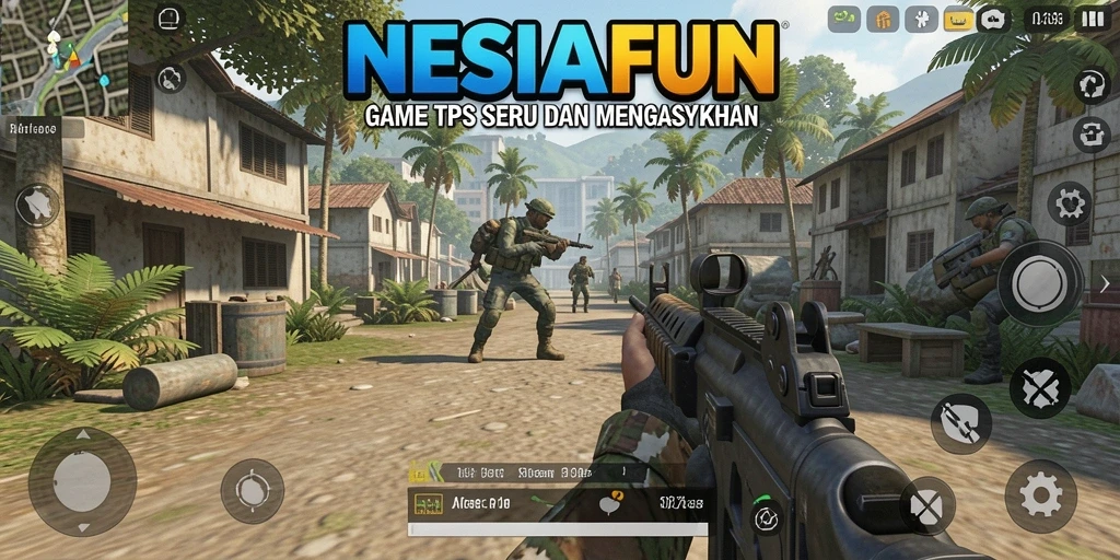 Tangkapan layar utama NESIAFUN menampilkan aksi seru di medan tempur.