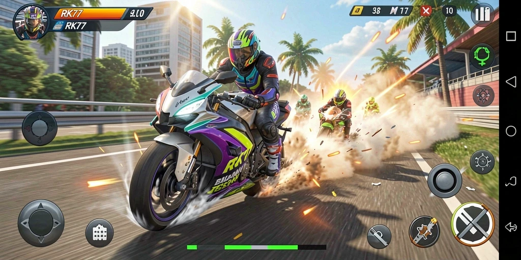 Tampilan menarik dari gameplay balapan motor RK77 yang mengasyikkan.